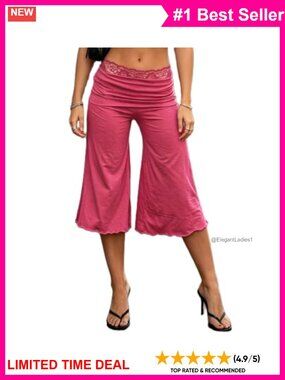 Y2K Lace Fold Over Waist Gaucho Capri Pants Flare Wide Leg Cropped Yoga Culottes